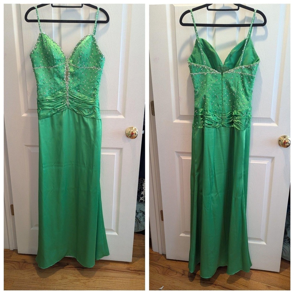 Y2K Formal Glam McBling Green Satin Beaded Mermaid Gown Dress Mori Lee Size 8